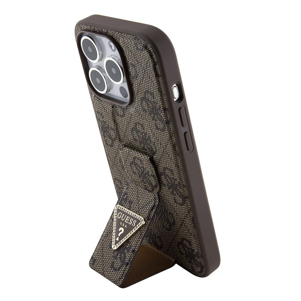Kotelo Apple iPhone 15 Pro Maxille, Guess, Grip Stand 4G Triangle Strass, Ruskea