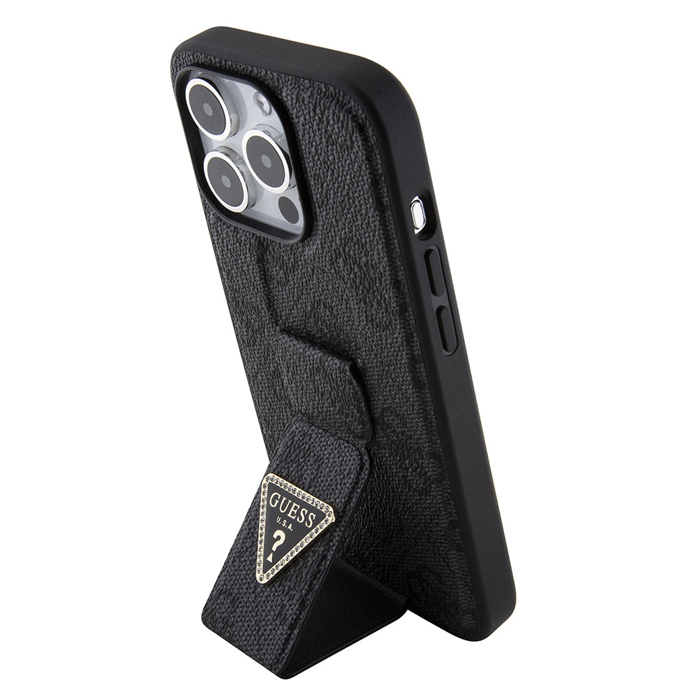 Suojakotelo Apple iPhone 15 Pro Max, Guess, Grip Stand 4G Triangle Strass, Musta