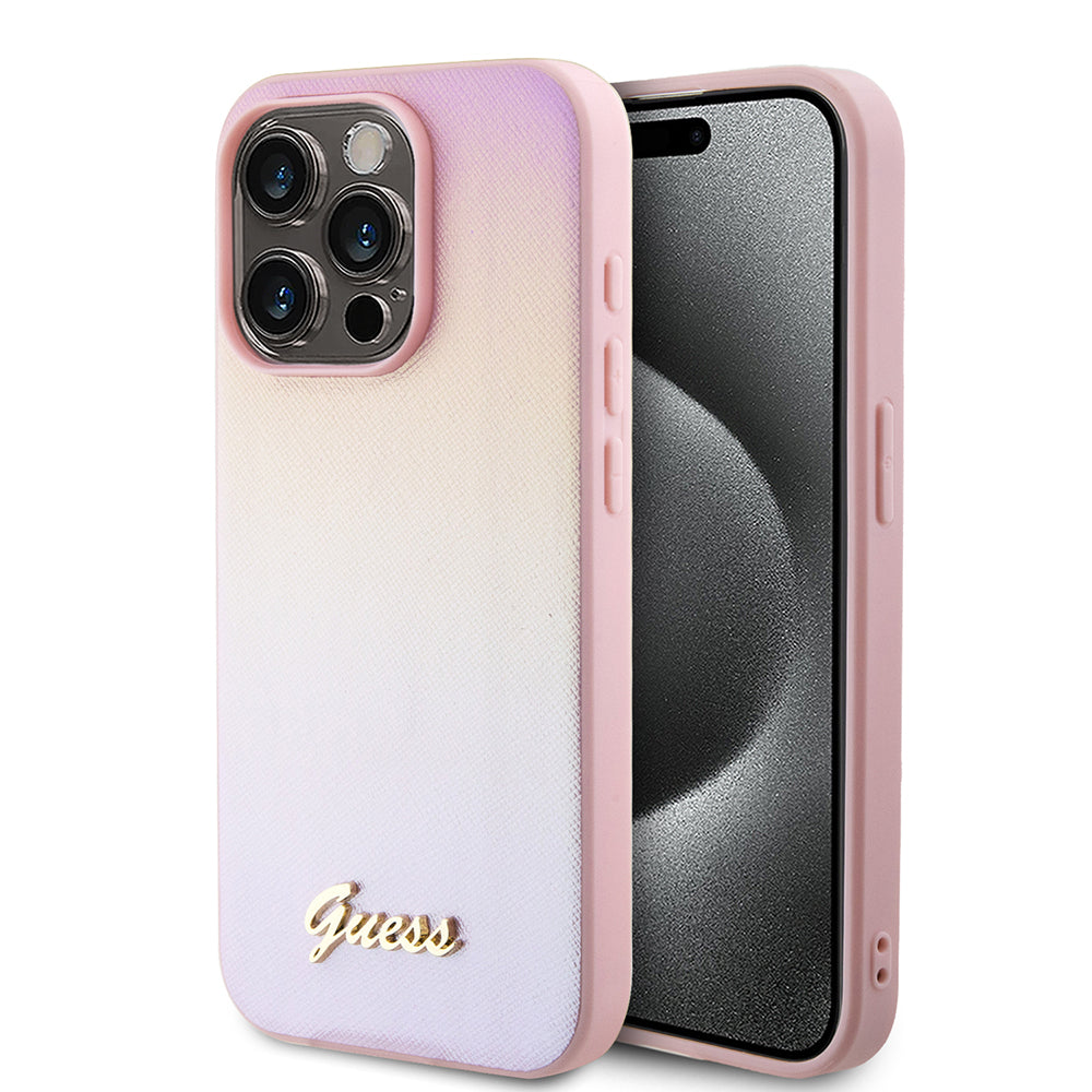 Kotelo Apple iPhone 15 Pro Maxille, Guess, Iridescent Metal Script, Pinkki