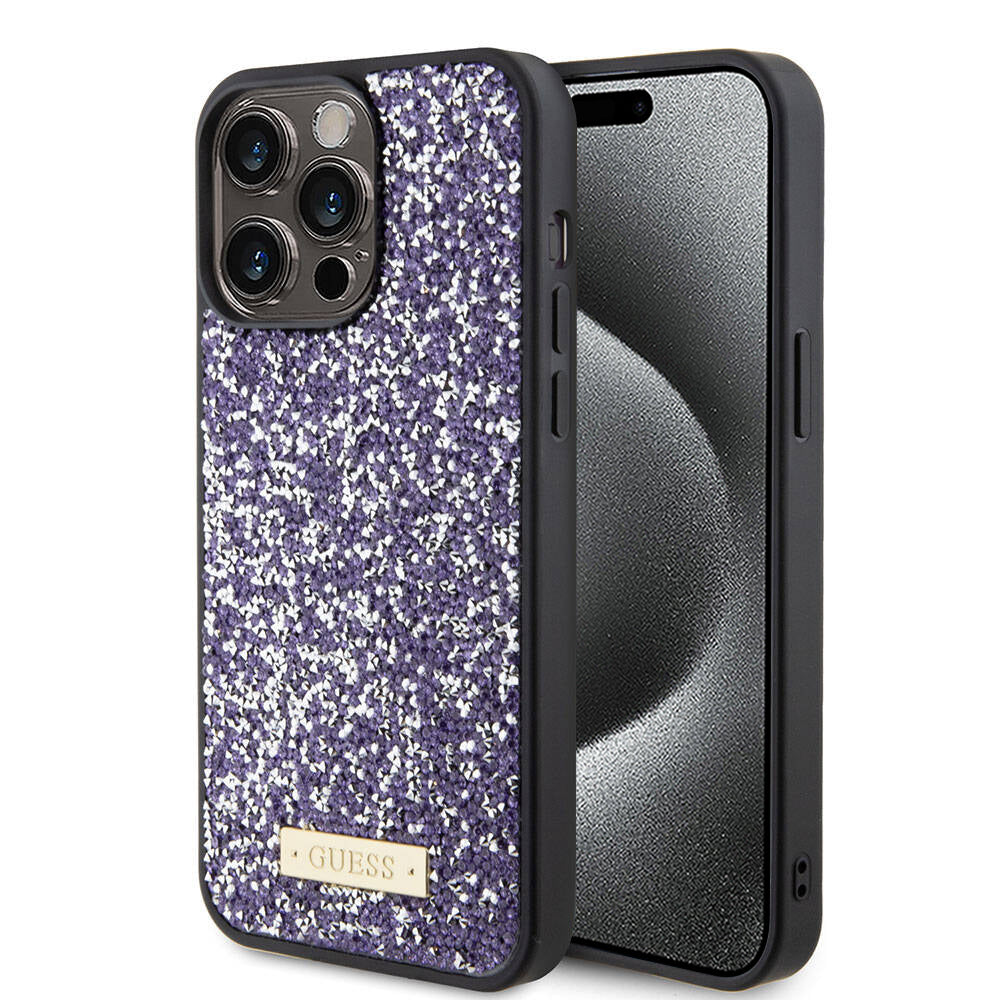 Kotelo Apple iPhone 15 Pro Maxille, Guess, Rhinestone Metal Logo, Violetti