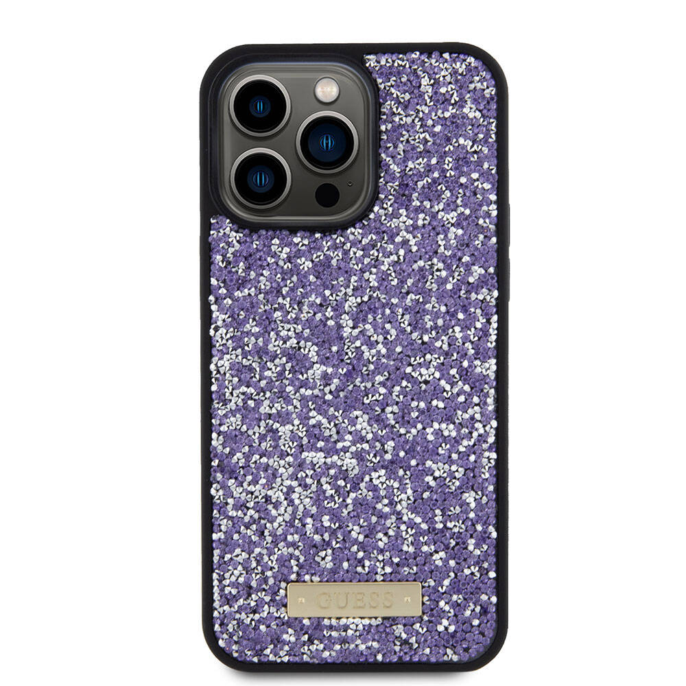 Kotelo Apple iPhone 15 Pro Maxille, Guess, Rhinestone Metal Logo, Violetti