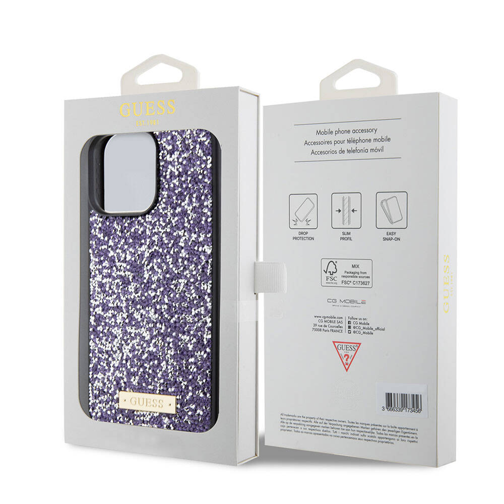 Kotelo Apple iPhone 15 Pro Maxille, Guess, Rhinestone Metal Logo, Violetti