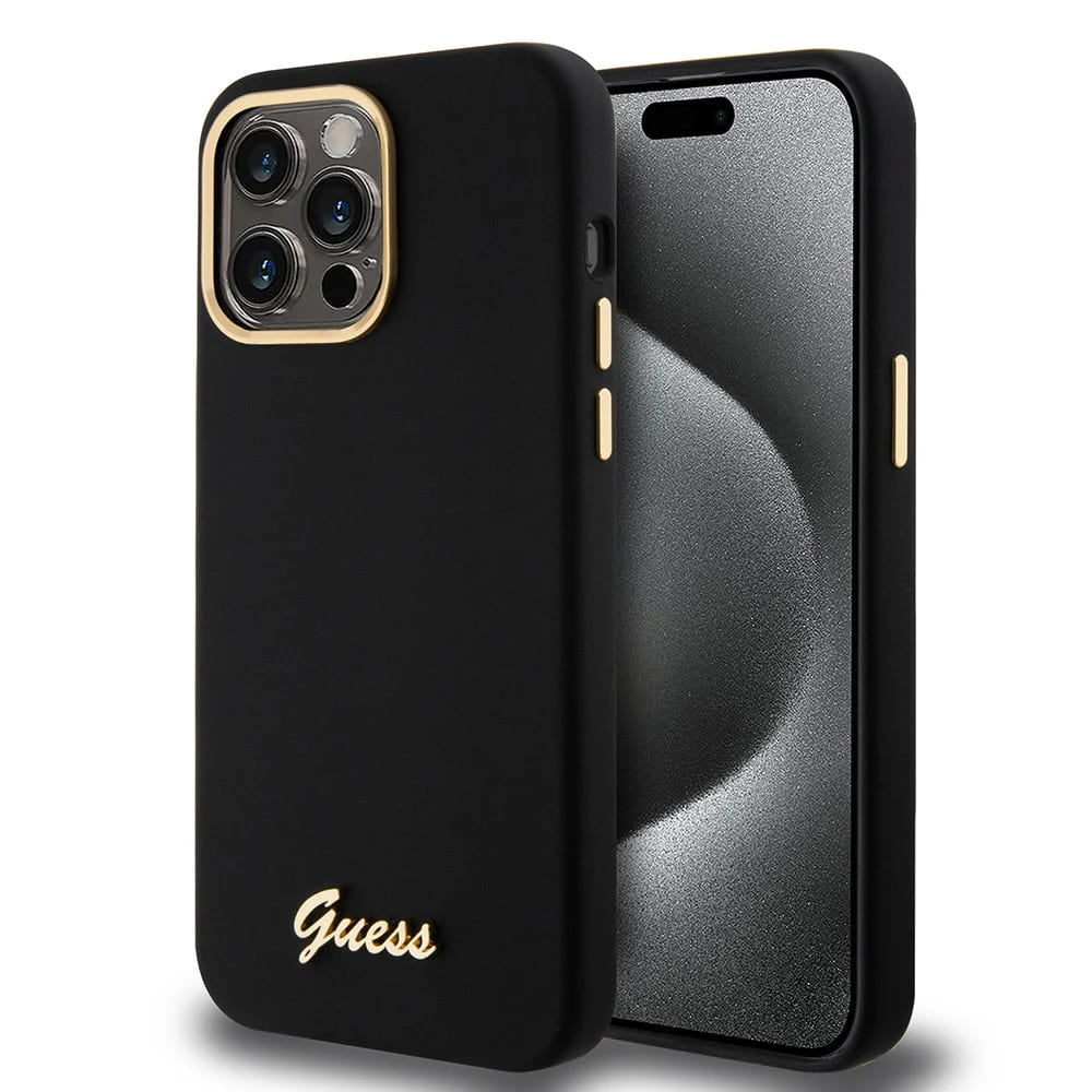 Suojakotelo Apple iPhone 15 Pro Maxille, Guess, Script Metal Logo & Frame, Musta