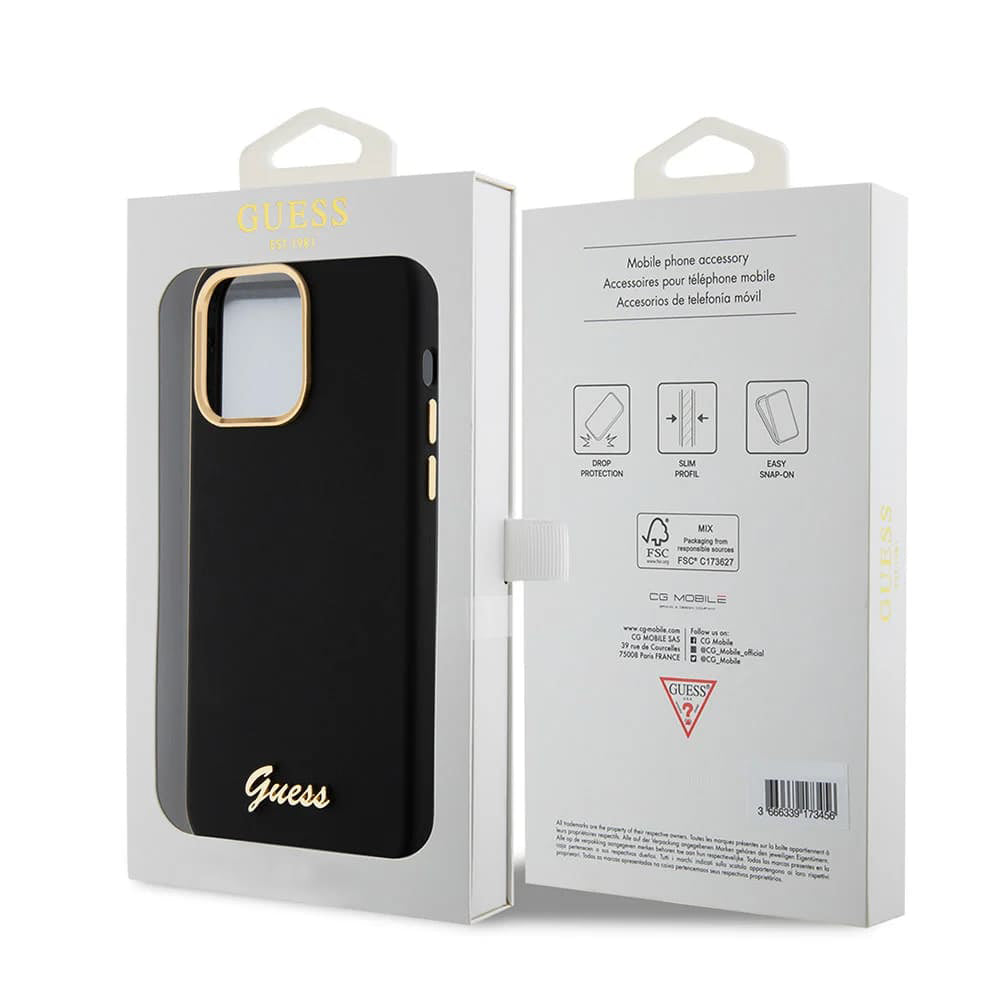 Suojakotelo Apple iPhone 15 Pro Maxille, Guess, Script Metal Logo & Frame, Musta