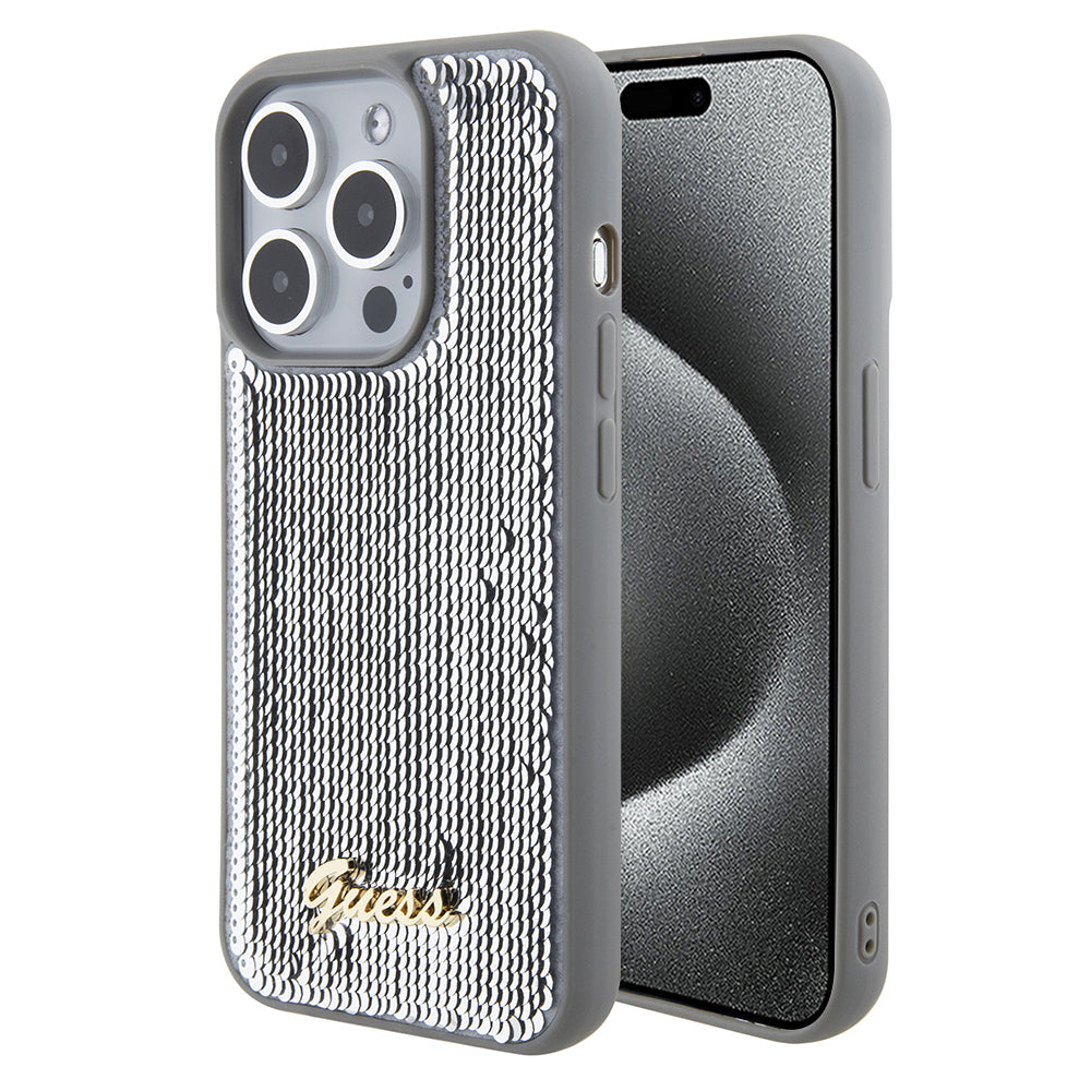 Kotelo Apple iPhone 15 Pro Maxille, Guess, Sequin Script Metal, Hopeanvärinen