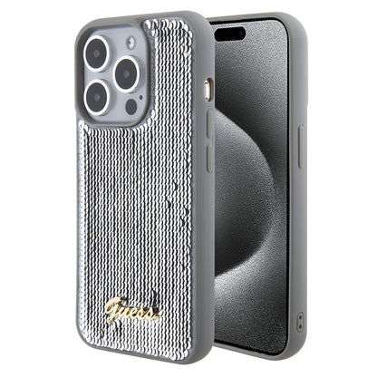 Kotelo Apple iPhone 15 Pro Maxille, Guess, Sequin Script Metal, Hopeanvärinen