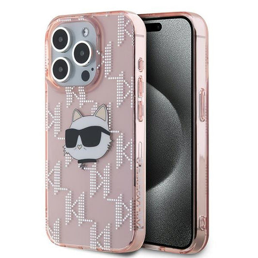 Kotelo Apple iPhone 15 Pro Max:lle, Karl Lagerfeld, IML Luxury Monogram Choupette's Head, Pinkki
