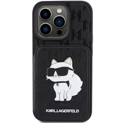Suojakotelo Apple iPhone 15 Pro Max:lle, Karl Lagerfeld, Saffiano Cardslots and Stand Monogram Choupette, Musta