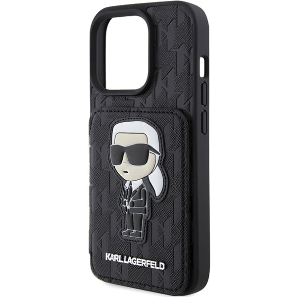Suojakotelo Apple iPhone 15 Pro Max:lle, Karl Lagerfeld, Saffiano-korttipaikat ja teline, Monogram Ikonik Karl, musta.