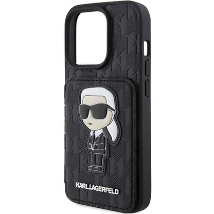 Suojakotelo Apple iPhone 15 Pro Max:lle, Karl Lagerfeld, Saffiano-korttipaikat ja teline, Monogram Ikonik Karl, musta.