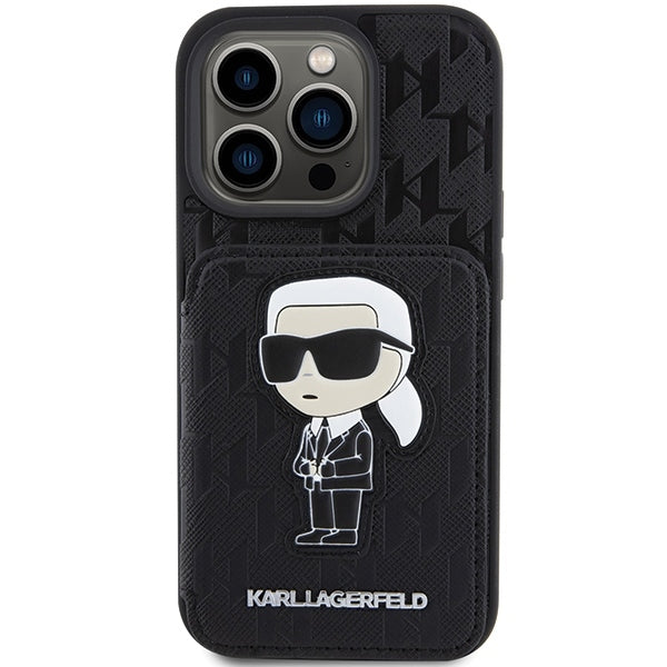 Suojakotelo Apple iPhone 15 Pro Max:lle, Karl Lagerfeld, Saffiano-korttipaikat ja teline, Monogram Ikonik Karl, musta.