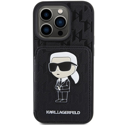 Suojakotelo Apple iPhone 15 Pro Max:lle, Karl Lagerfeld, Saffiano-korttipaikat ja teline, Monogram Ikonik Karl, musta.