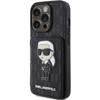 Suojakotelo Apple iPhone 15 Pro Max:lle, Karl Lagerfeld, Saffiano-korttipaikat ja teline, Monogram Ikonik Karl, musta.