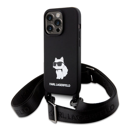 Case for Apple iPhone 15 Pro Max, Karl Lagerfeld, Silicone Crossbody Choupette, Black
