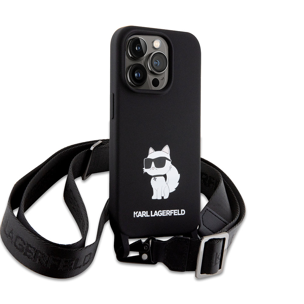 Kotelo Apple iPhone 15 Pro Max:lle, Karl Lagerfeld, Silicone Crossbody Ikonik Karl, Musta