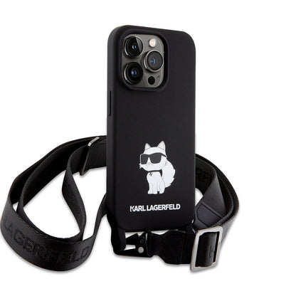 Kotelo Apple iPhone 15 Pro Max:lle, Karl Lagerfeld, Silicone Crossbody Ikonik Karl, Musta