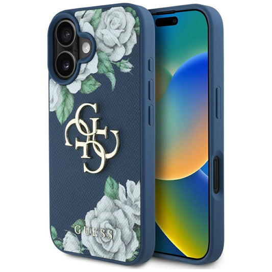 Suojakotelo Apple iPhone 16:lle, Guess, 4G Grained Roses Big Logo, Sininen
