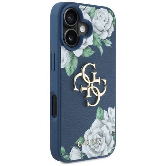 Suojakotelo Apple iPhone 16:lle, Guess, 4G Grained Roses Big Logo, Sininen