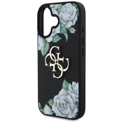 Kotelo Apple iPhone 16:lle, Guess, 4G Grained Roses Big Logo, Musta