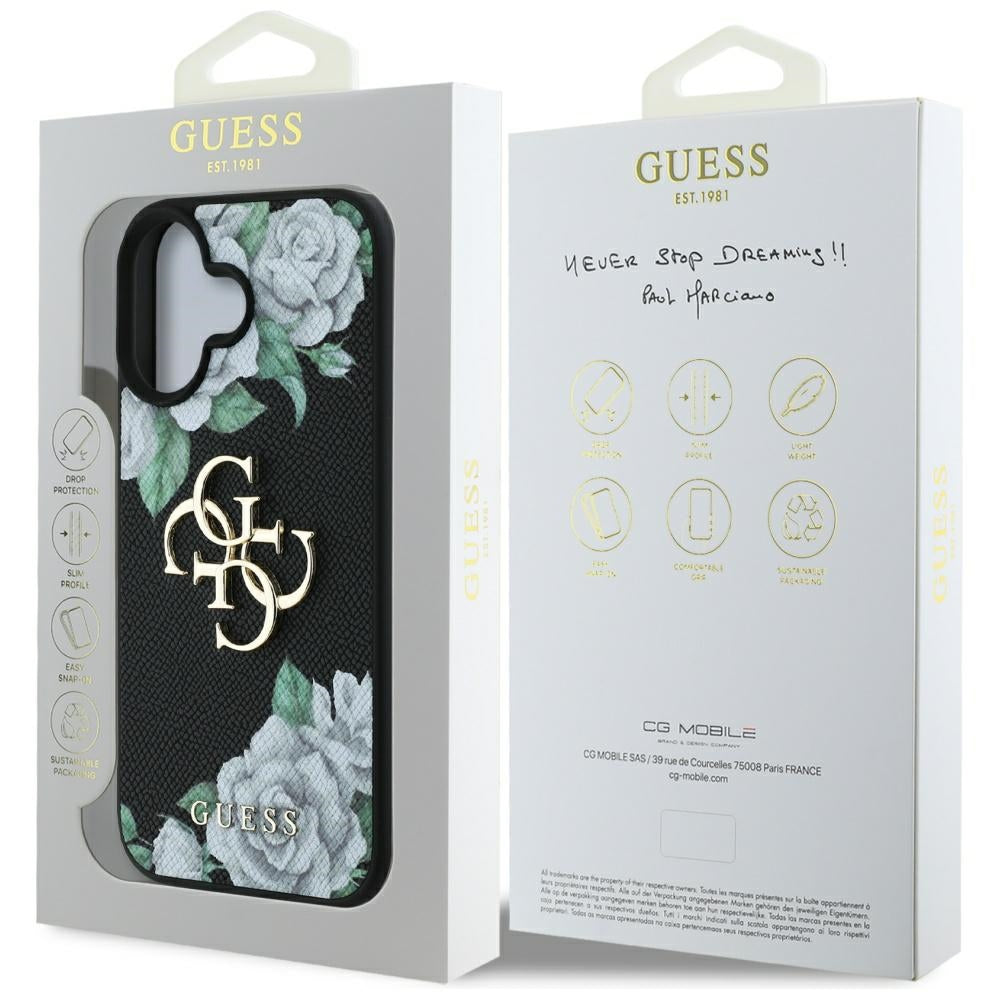 Kotelo Apple iPhone 16:lle, Guess, 4G Grained Roses Big Logo, Musta