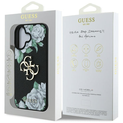 Kotelo Apple iPhone 16:lle, Guess, 4G Grained Roses Big Logo, Musta
