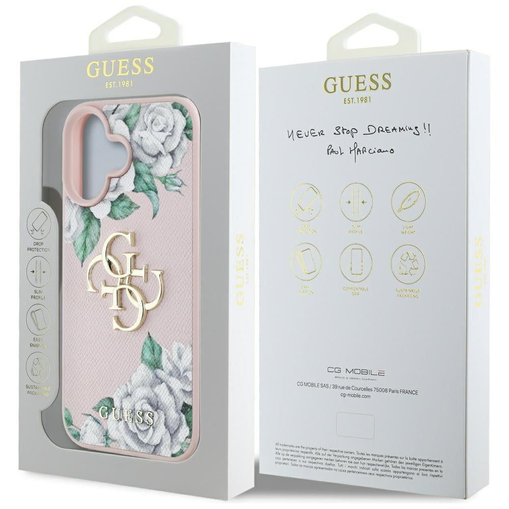 Case for Apple iPhone 16, Guess, 4G Grained Roses Big Logo, Pink