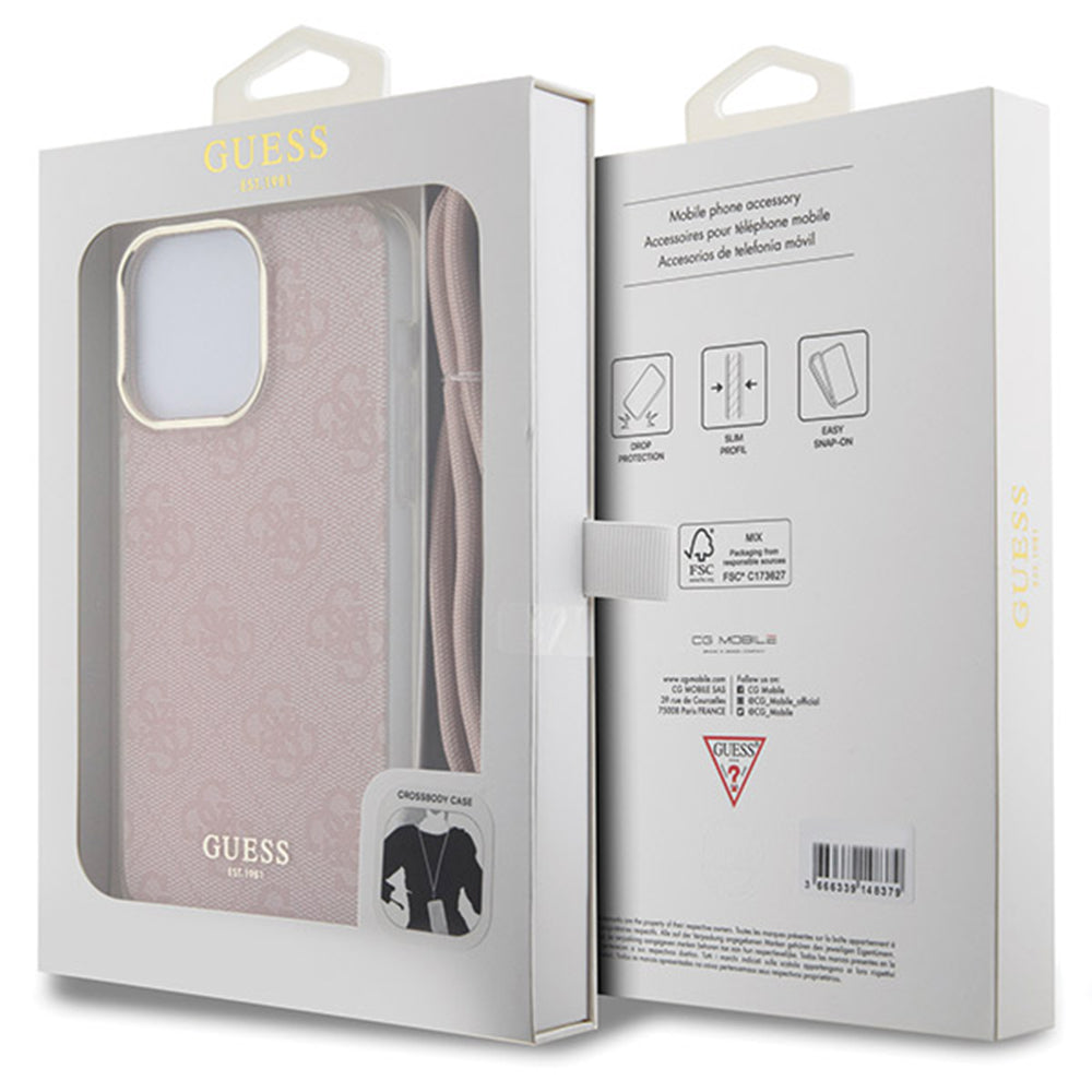 Kotelo Apple iPhone 16:lle, Guess, Crossbody Cord 4G Print, Pinkki