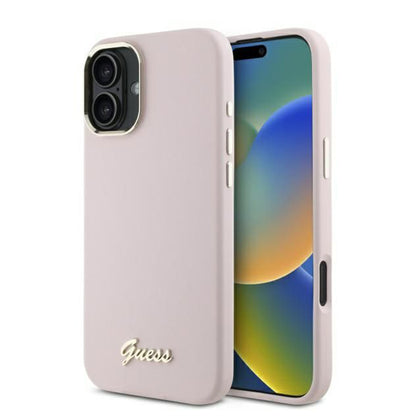 Kotelo Apple iPhone 16:lle, Guess, Script Metal Logo & Frame, Pinkki