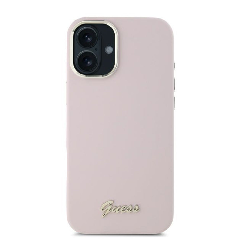 Kotelo Apple iPhone 16:lle, Guess, Script Metal Logo & Frame, Pinkki