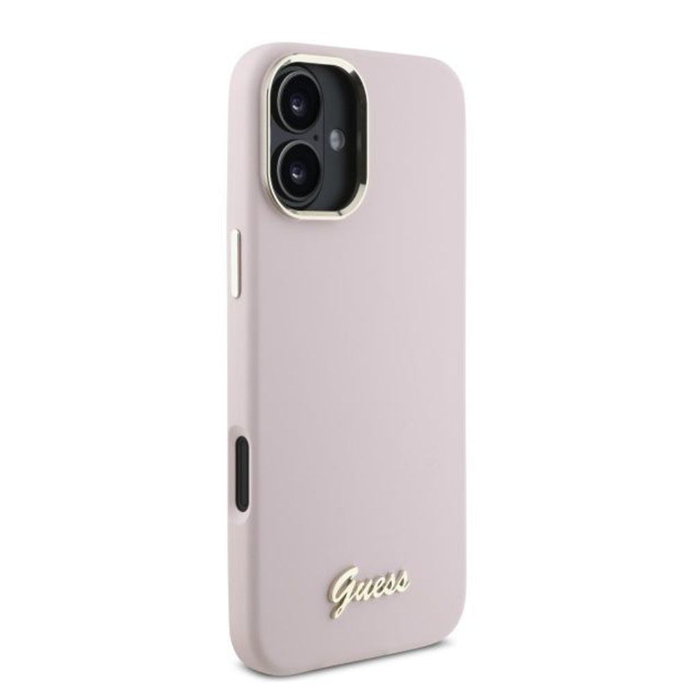 Kotelo Apple iPhone 16:lle, Guess, Script Metal Logo & Frame, Pinkki