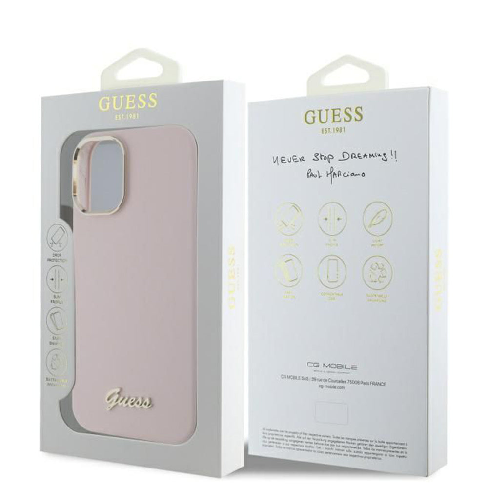 Kotelo Apple iPhone 16:lle, Guess, Script Metal Logo & Frame, Pinkki