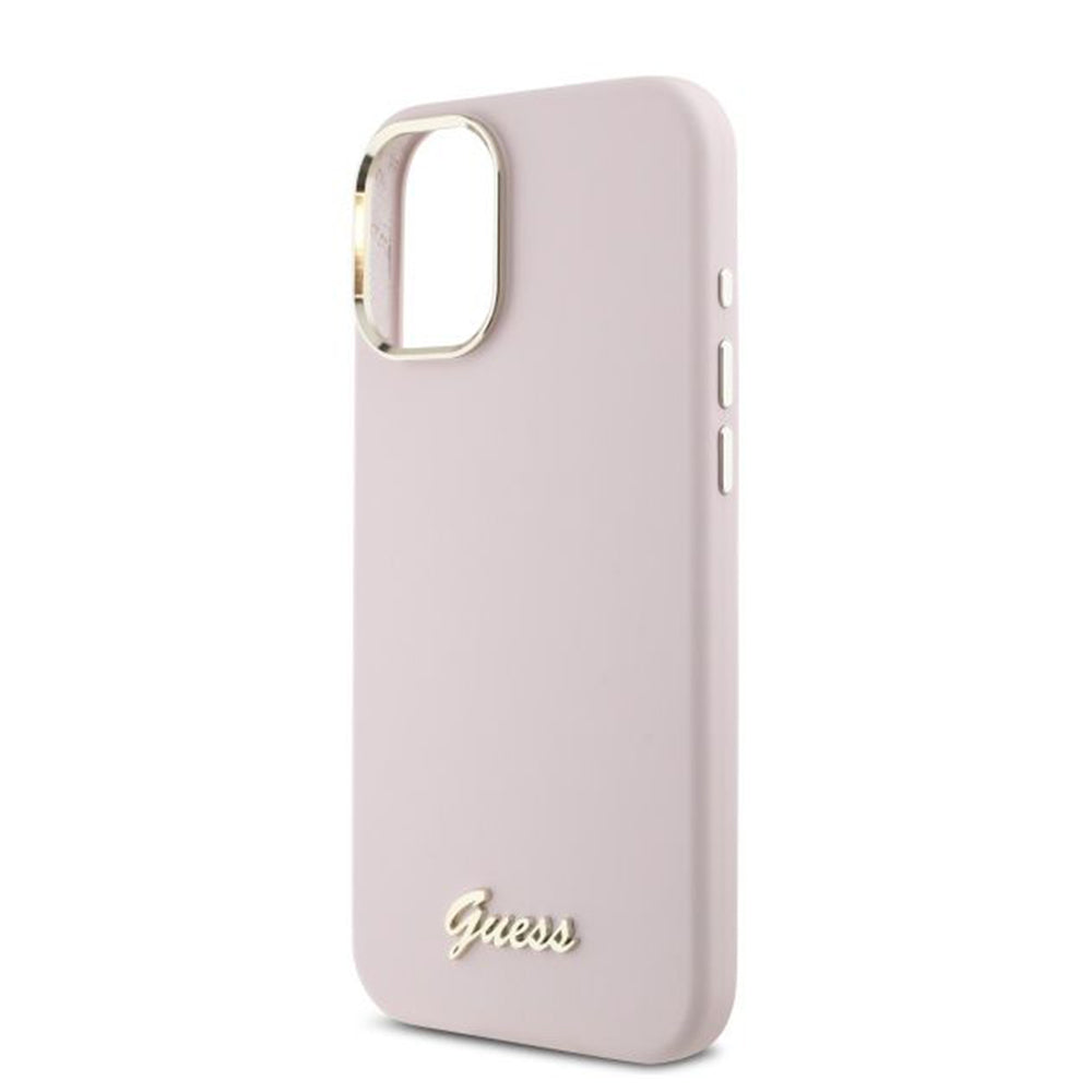 Kotelo Apple iPhone 16:lle, Guess, Script Metal Logo & Frame, Pinkki