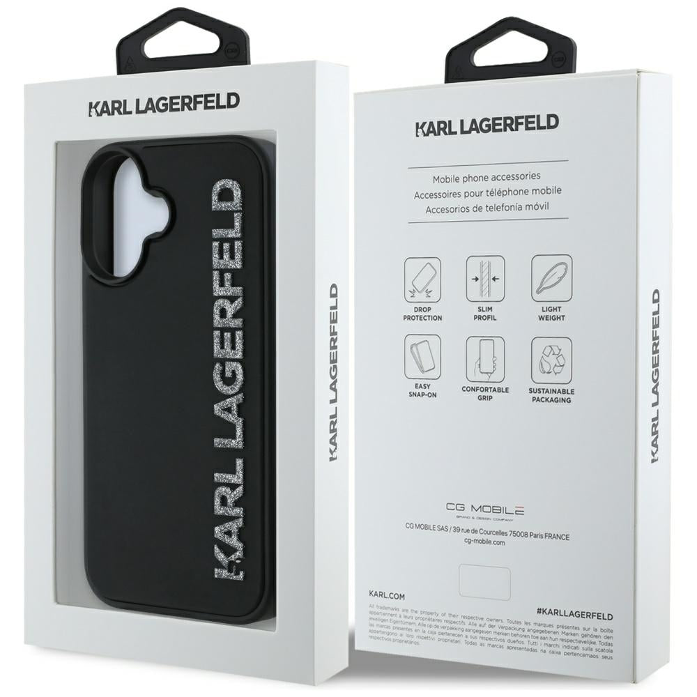 Kotelo Apple iPhone 16:lle, Karl Lagerfeld, 3D Rubber Elongated Gliiter Logo, Musta
