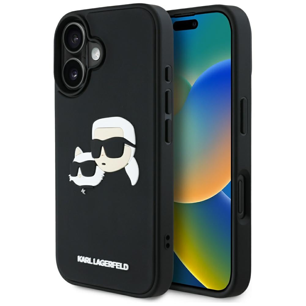 Kotelo Apple iPhone 16:lle, Karl Lagerfeld, 3D Rubber Karl & Choupette, Musta