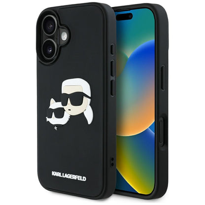 Kotelo Apple iPhone 16:lle, Karl Lagerfeld, 3D Rubber Karl & Choupette, Musta