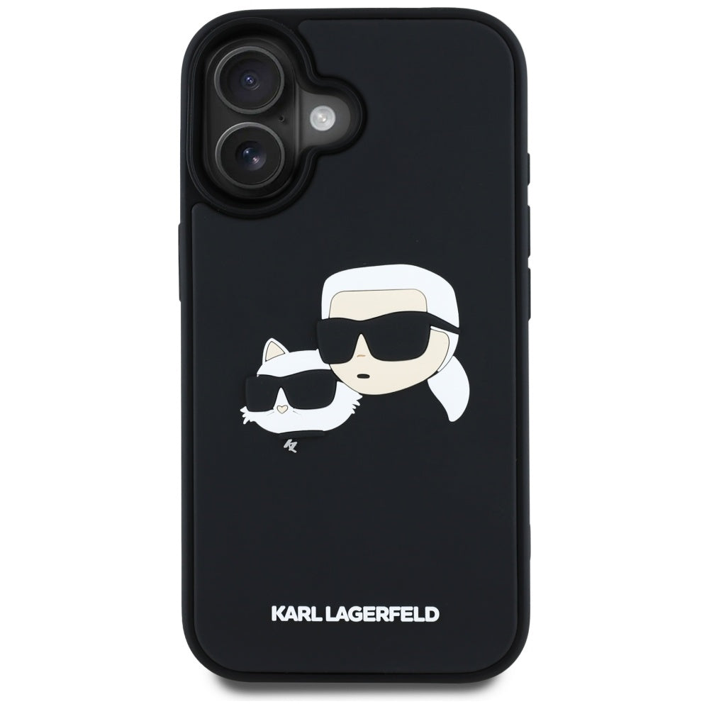 Kotelo Apple iPhone 16:lle, Karl Lagerfeld, 3D Rubber Karl & Choupette, Musta