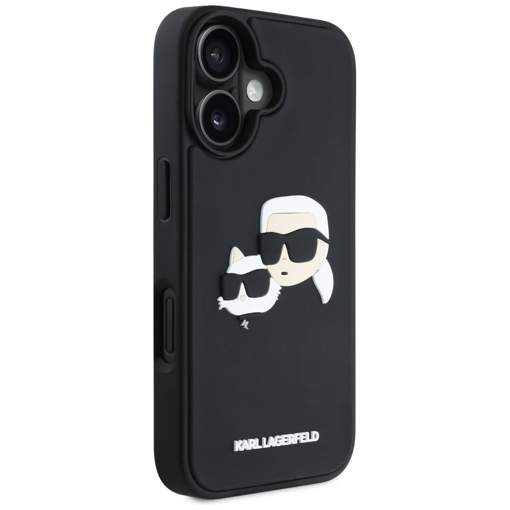 Kotelo Apple iPhone 16:lle, Karl Lagerfeld, 3D Rubber Karl & Choupette, Musta