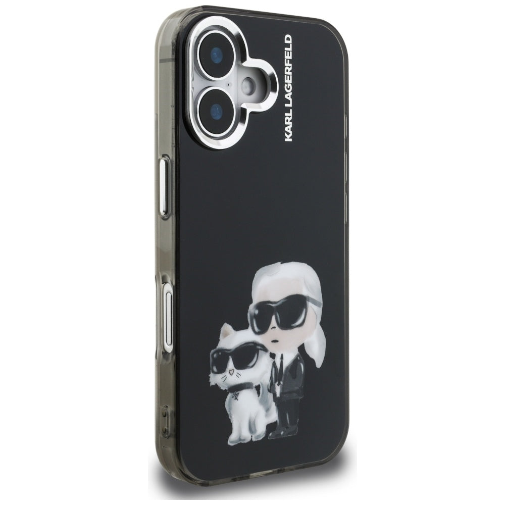 Case for Apple iPhone 16, Karl Lagerfeld, IML Aquarelle Logo Karl & Choupette, Black