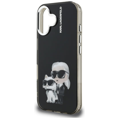 Case for Apple iPhone 16, Karl Lagerfeld, IML Aquarelle Logo Karl & Choupette, Black