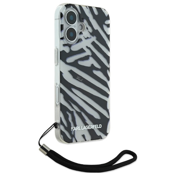 Case for Apple iPhone 16, Karl Lagerfeld, IML Luxury Zebra Pattern with Strap, Black