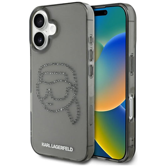 Kotelo Apple iPhone 16:lle, Karl Lagerfeld, IML Rhinestones Karl's Head, Musta