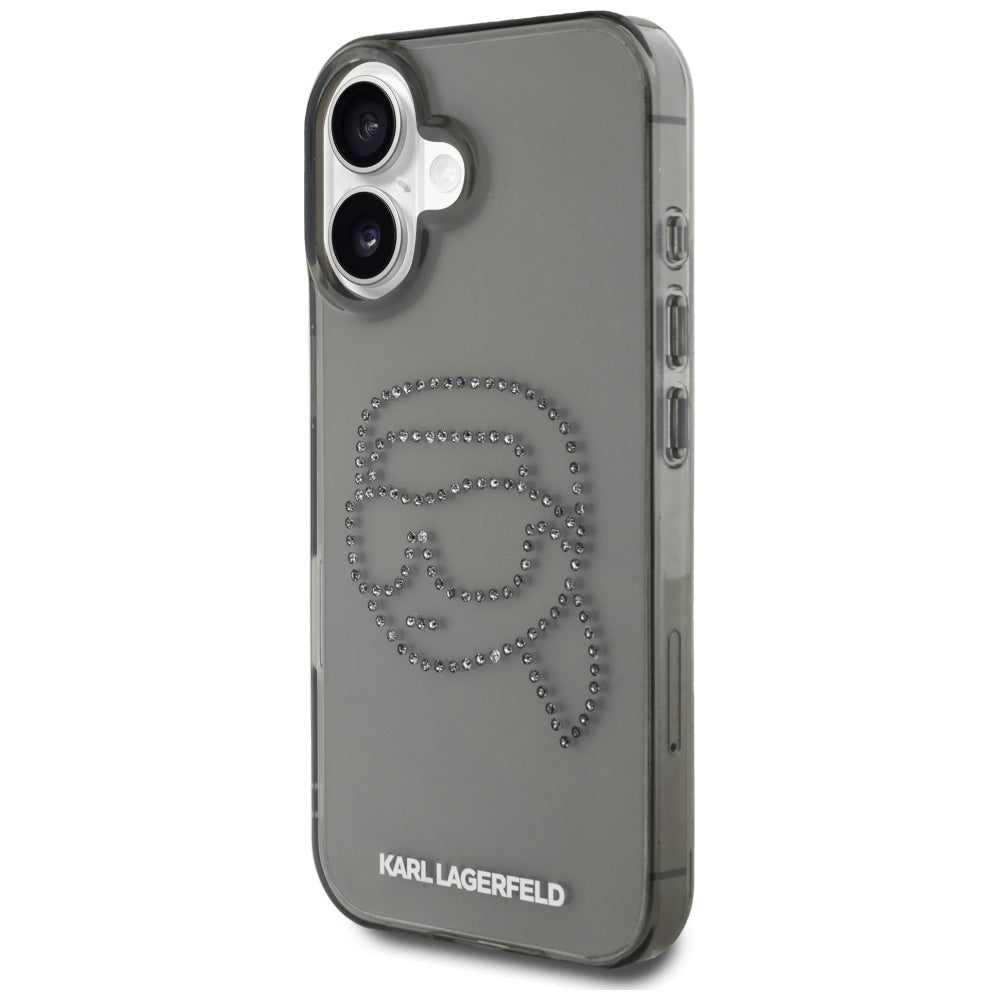 Kotelo Apple iPhone 16:lle, Karl Lagerfeld, IML Rhinestones Karl's Head, Musta