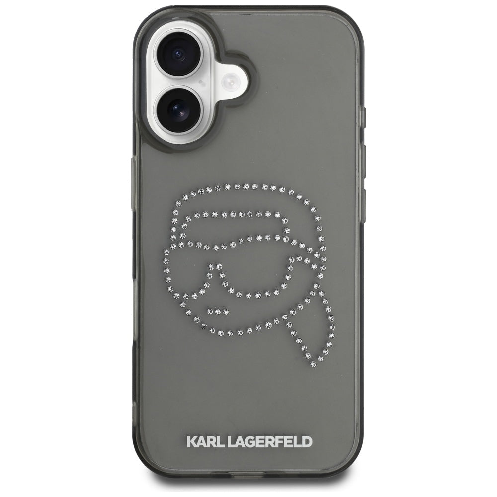 Kotelo Apple iPhone 16:lle, Karl Lagerfeld, IML Rhinestones Karl's Head, Musta