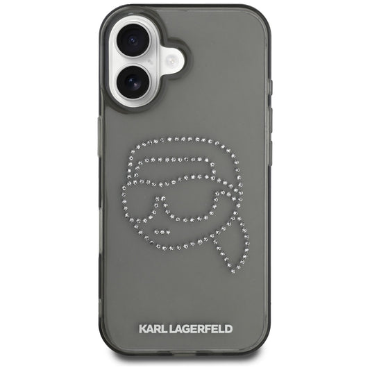 Kotelo Apple iPhone 16:lle, Karl Lagerfeld, IML Rhinestones Karl's Head, Musta