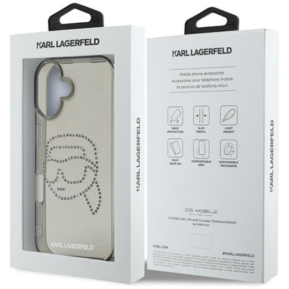 Kotelo Apple iPhone 16:lle, Karl Lagerfeld, IML Rhinestones Karl's Head, Musta