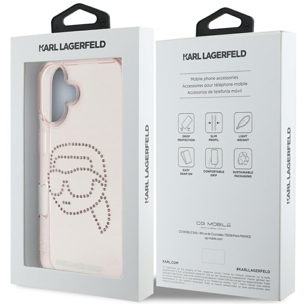 Kotelo Apple iPhone 16:lle, Karl Lagerfeld, IML Rhinestones Karl's Head, Pinkki
