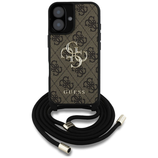 Suojakotelo Apple iPhone 16 Plus -puhelimelle, Guess, 4G CBDY Big Logo with Cord Strap, Ruskea