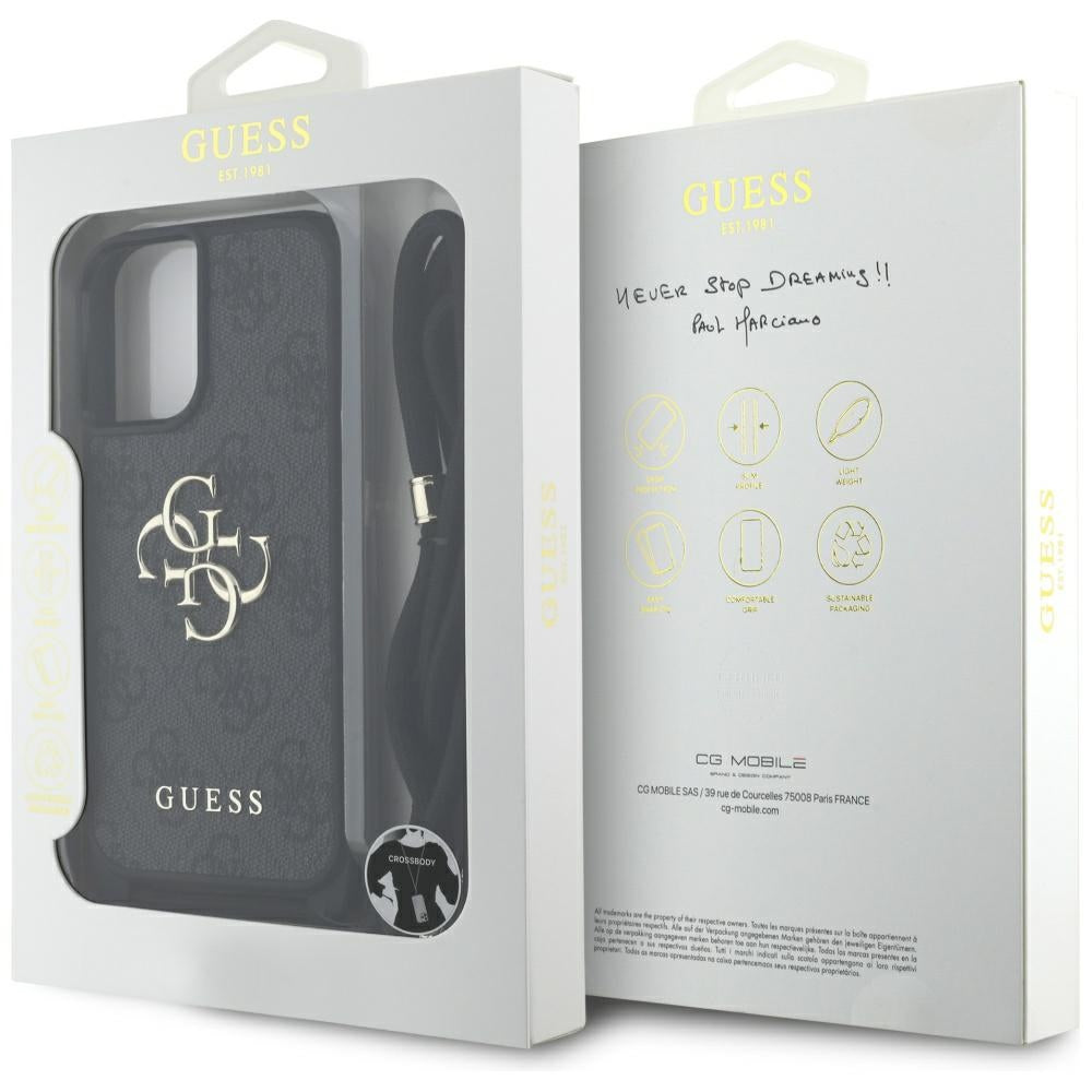 Suojakotelo Apple iPhone 16 Plus -puhelimelle, Guess, 4G CBDY Big Logo with Cord Strap, Musta