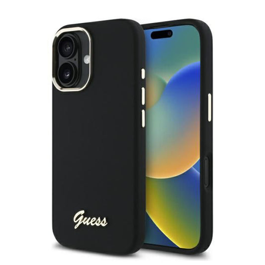 Suojakotelo Apple iPhone 16 Plus, Guess, Script Metal Logo & Frame, Musta