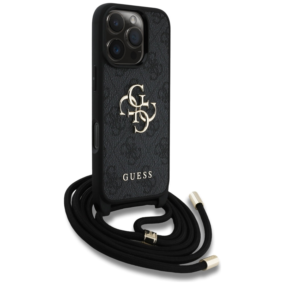 Suojakotelo Apple iPhone 16 Prolle, Guess, 4G CBDY Big Logo with Cord Strap, Musta